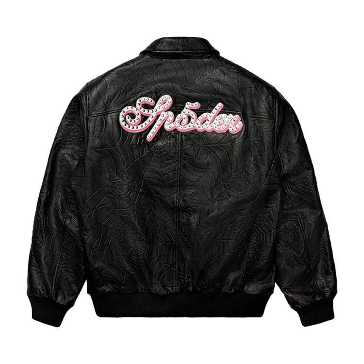 Sp5der Debossed Web Leather Jacket Black