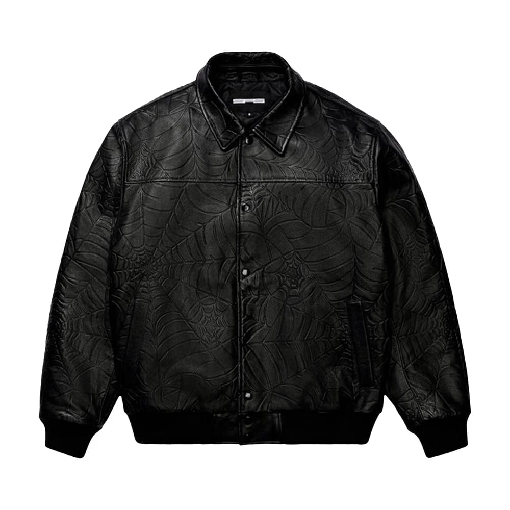 Sp5der Debossed Web Leather Jacket Black