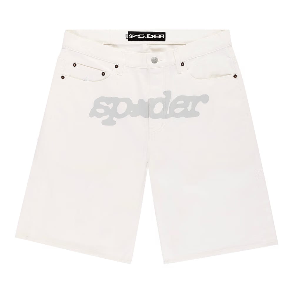 Sp5der V3 Logo Denim Shorts White