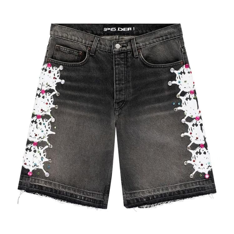 Sp5der Web Stone Denim Shorts Black Wash