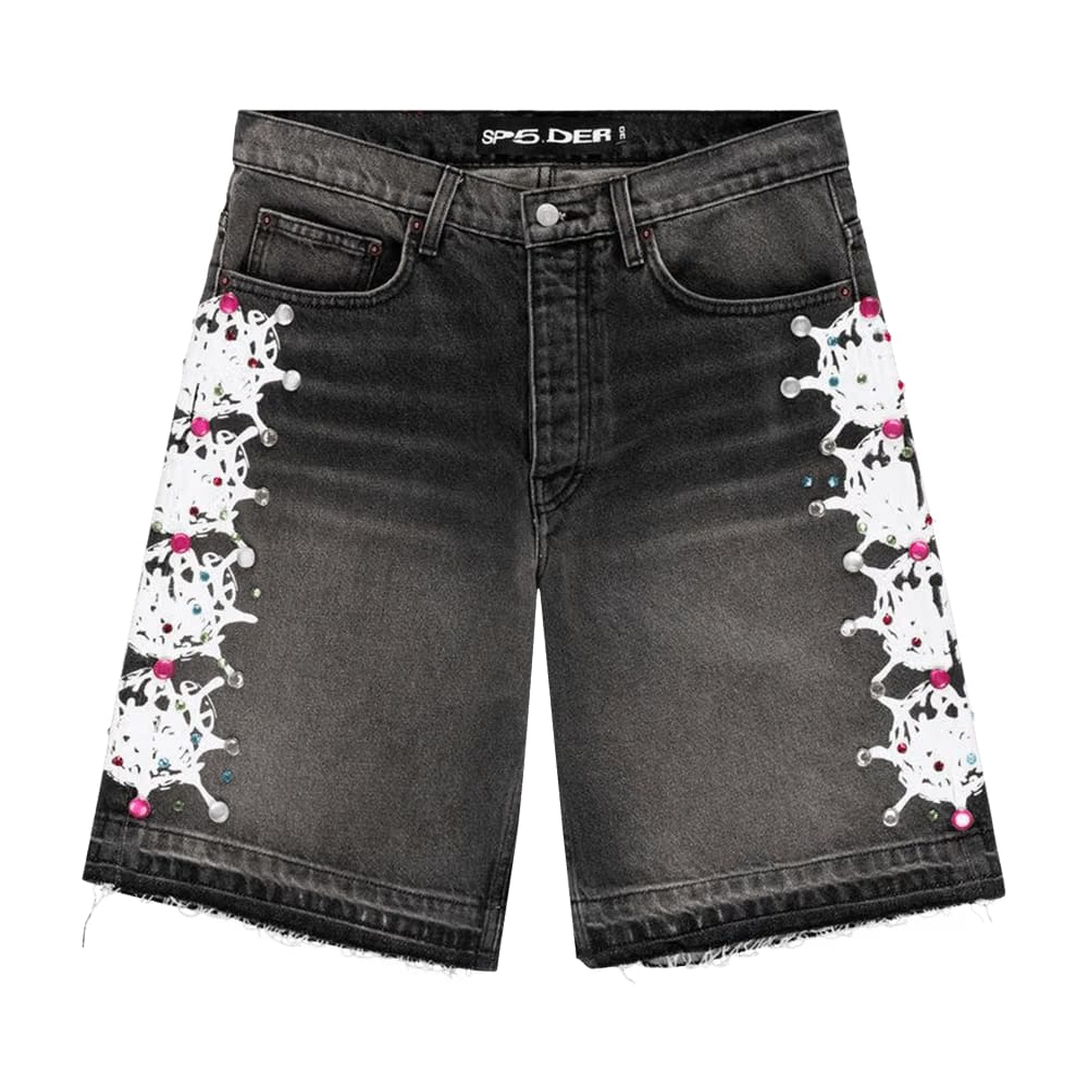 Sp5der Web Stone Denim Shorts Black Wash