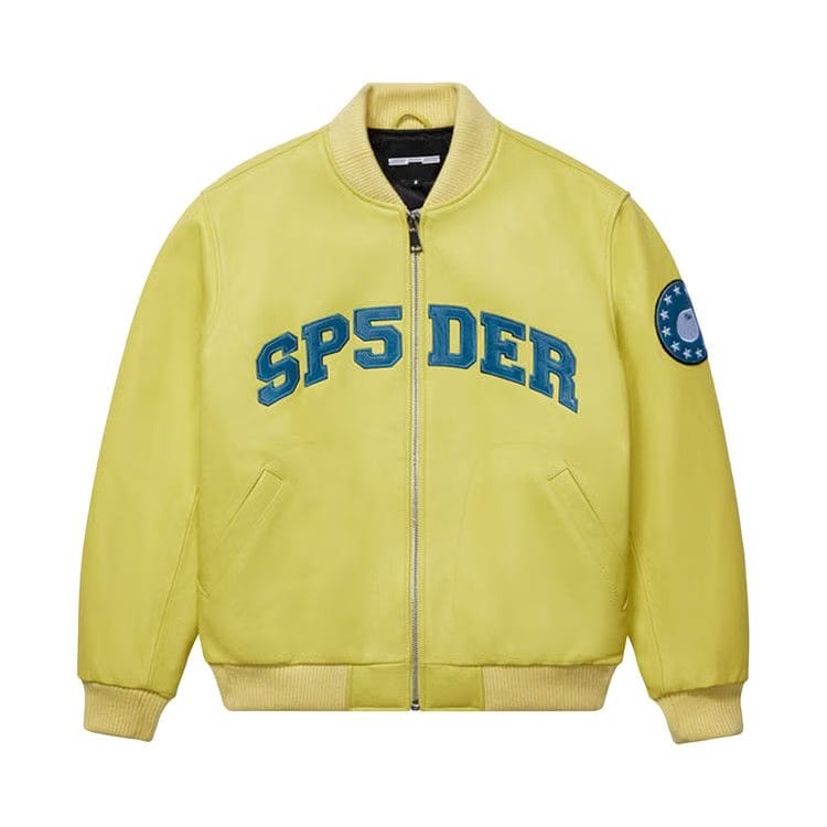 Sp5der Leather Logo Bomber Jacket Yellow