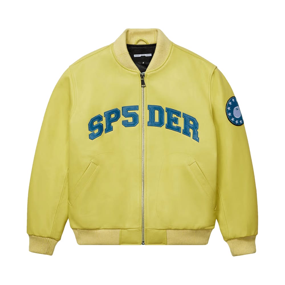 Sp5der Leather Logo Bomber Jacket Yellow