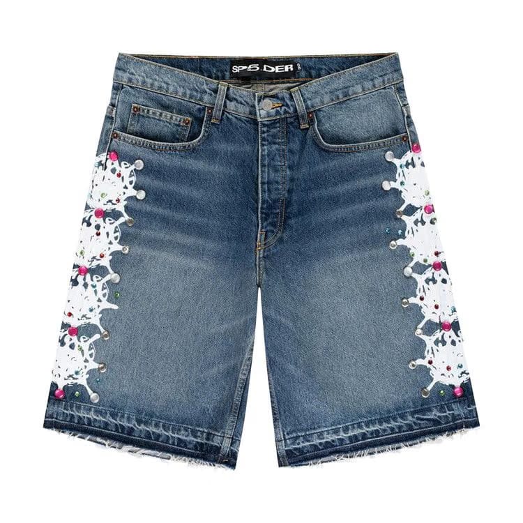 Sp5der Web Stone Denim Shorts Light Blue Wash