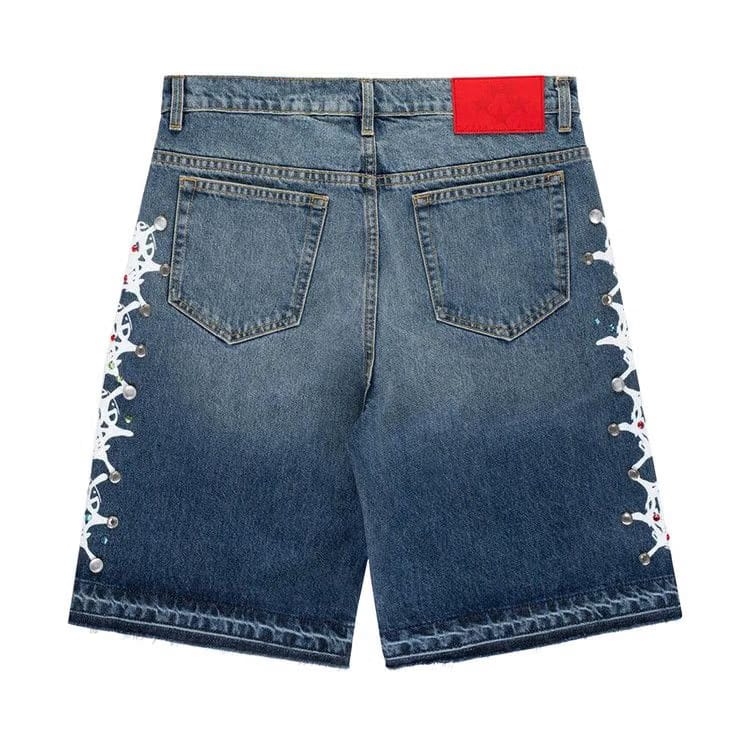 Sp5der Web Stone Denim Shorts Light Blue Wash