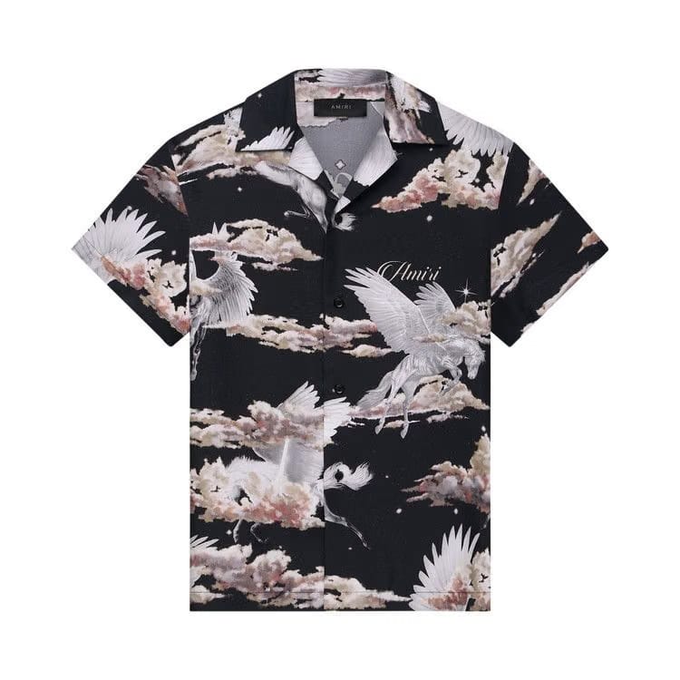Amiri All Over Pegasus Bowling Shirt Black