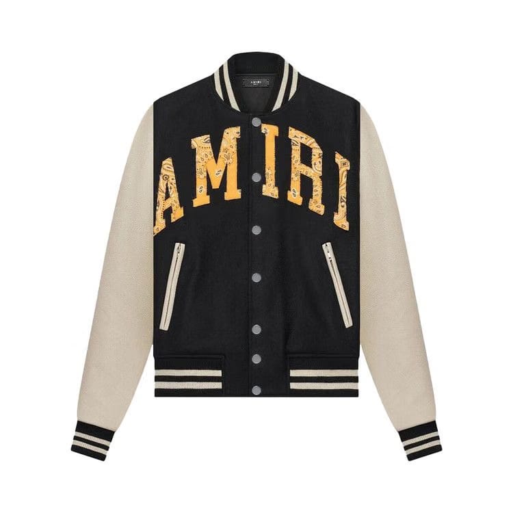 Amiri Bandana Print Logo Applique Varsity Jacket Black