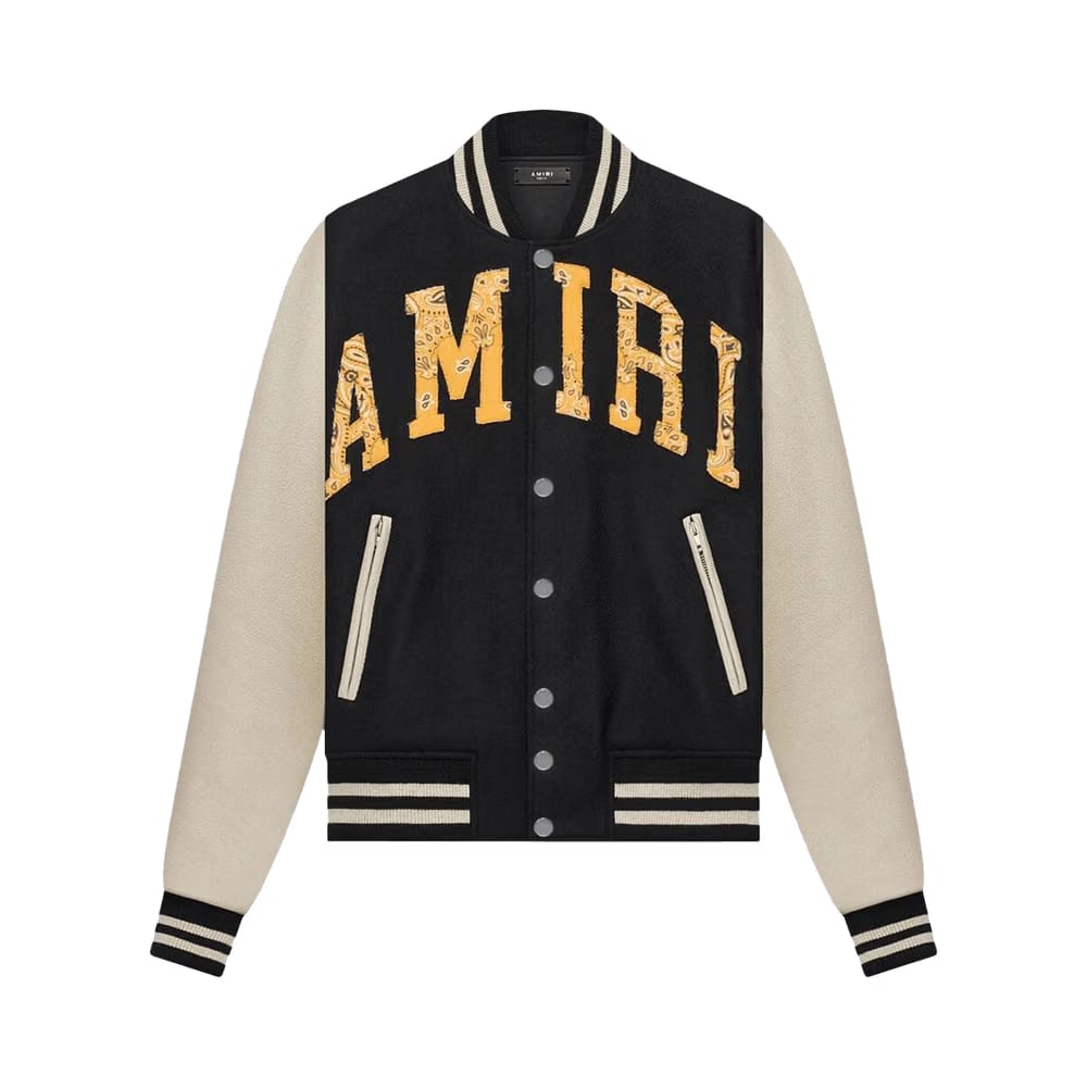 Amiri Bandana Print Logo Applique Varsity Jacket Black
