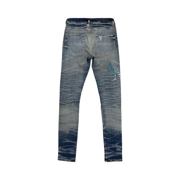 Amiri Leather Staggered Logo Jeans Vintage Indigo