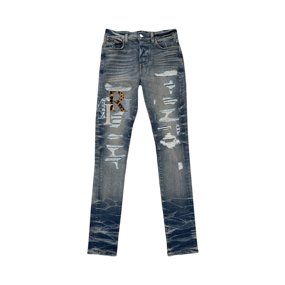 Amiri Leather Staggered Logo Jeans Vintage Indigo