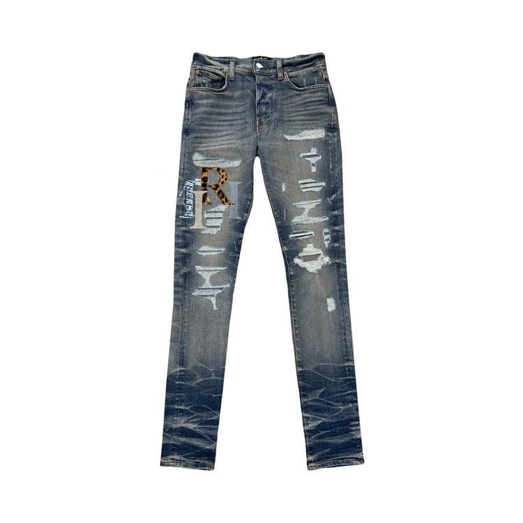 Amiri Leather Staggered Logo Jeans Vintage Indigo
