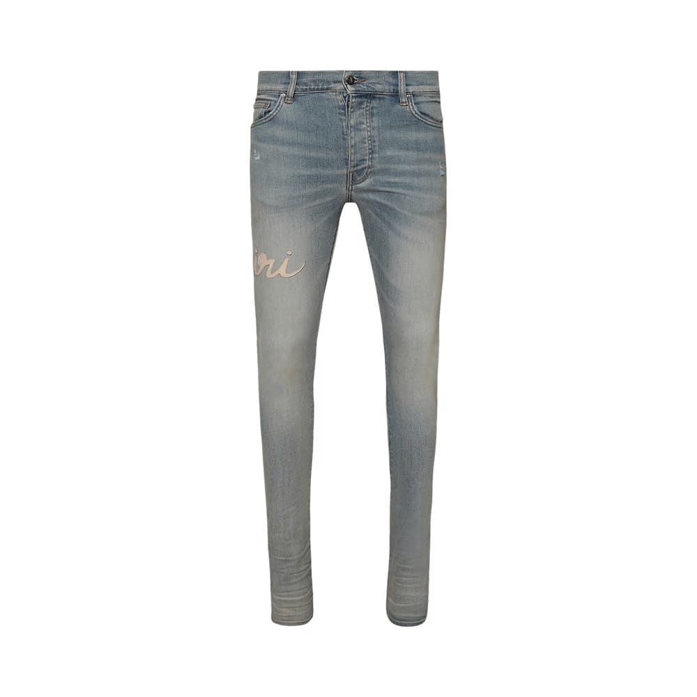 Amiri Script Logo Skinny Jean Antique Indigo