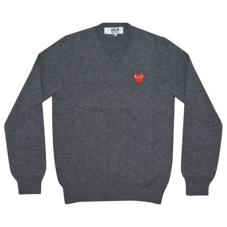 Comme des Garçons PLAY Heart Patch V Neck Sweater Grey