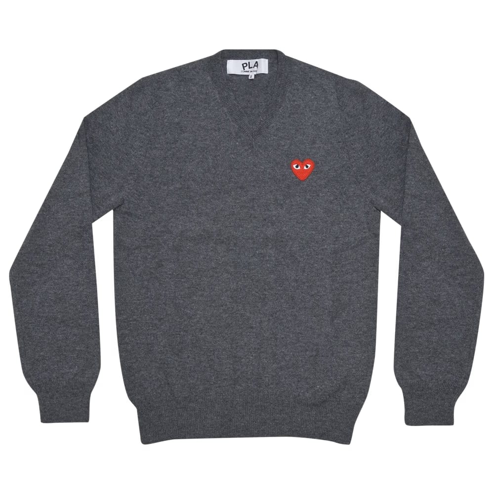 Comme des Garçons PLAY Heart Patch V Neck Sweater Grey