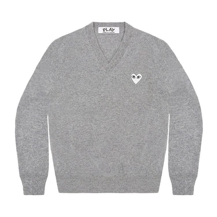 Comme des Garçons PLAY White Heart V-Neck Sweater Light Grey
