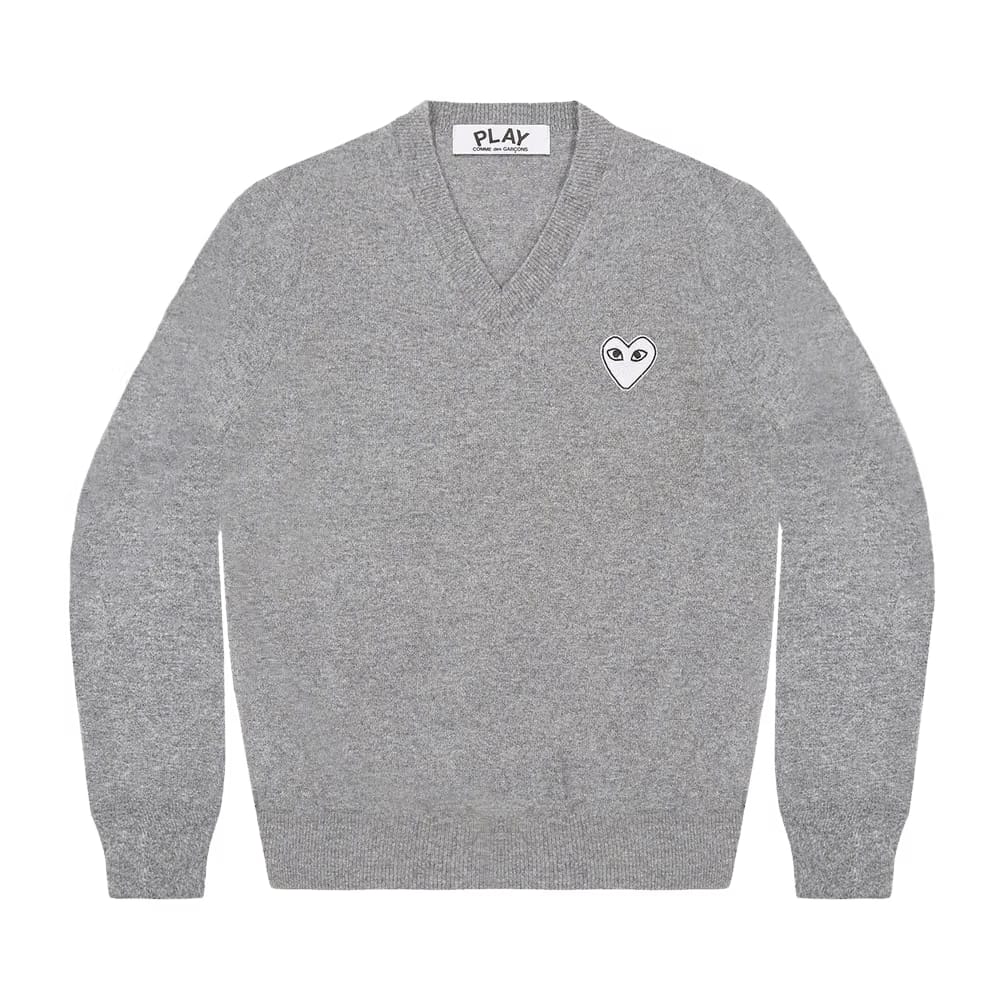 Comme des Garçons PLAY White Heart V-Neck Sweater Light Grey