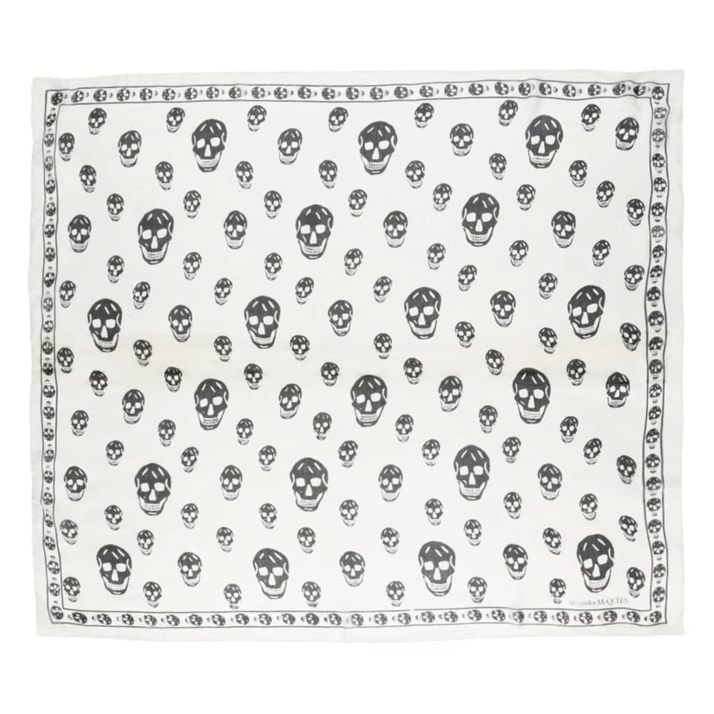 Alexander McQueen Skull Print Silk Scarf Ivory Black