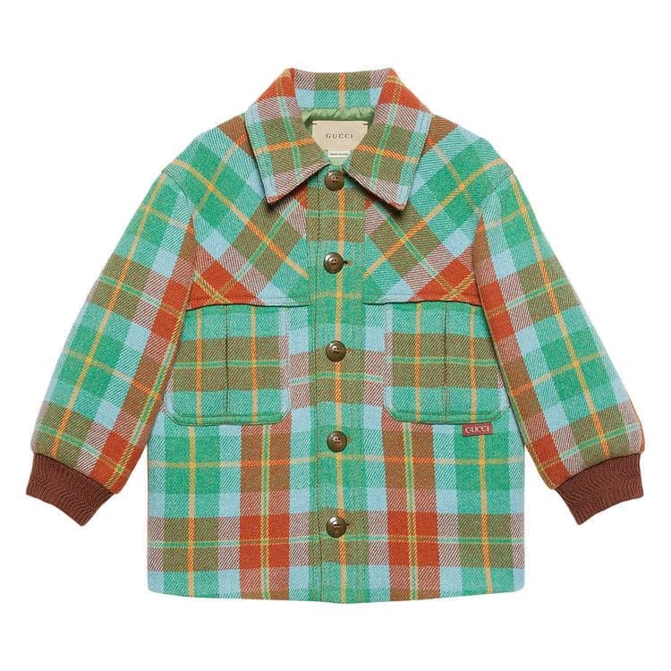 Gucci Kids Plaid Print Wool Blend Jacket Blue