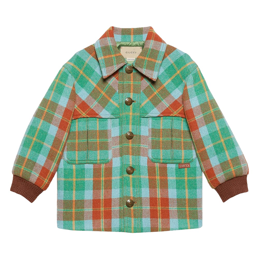 Gucci Kids Plaid Print Wool Blend Jacket Blue