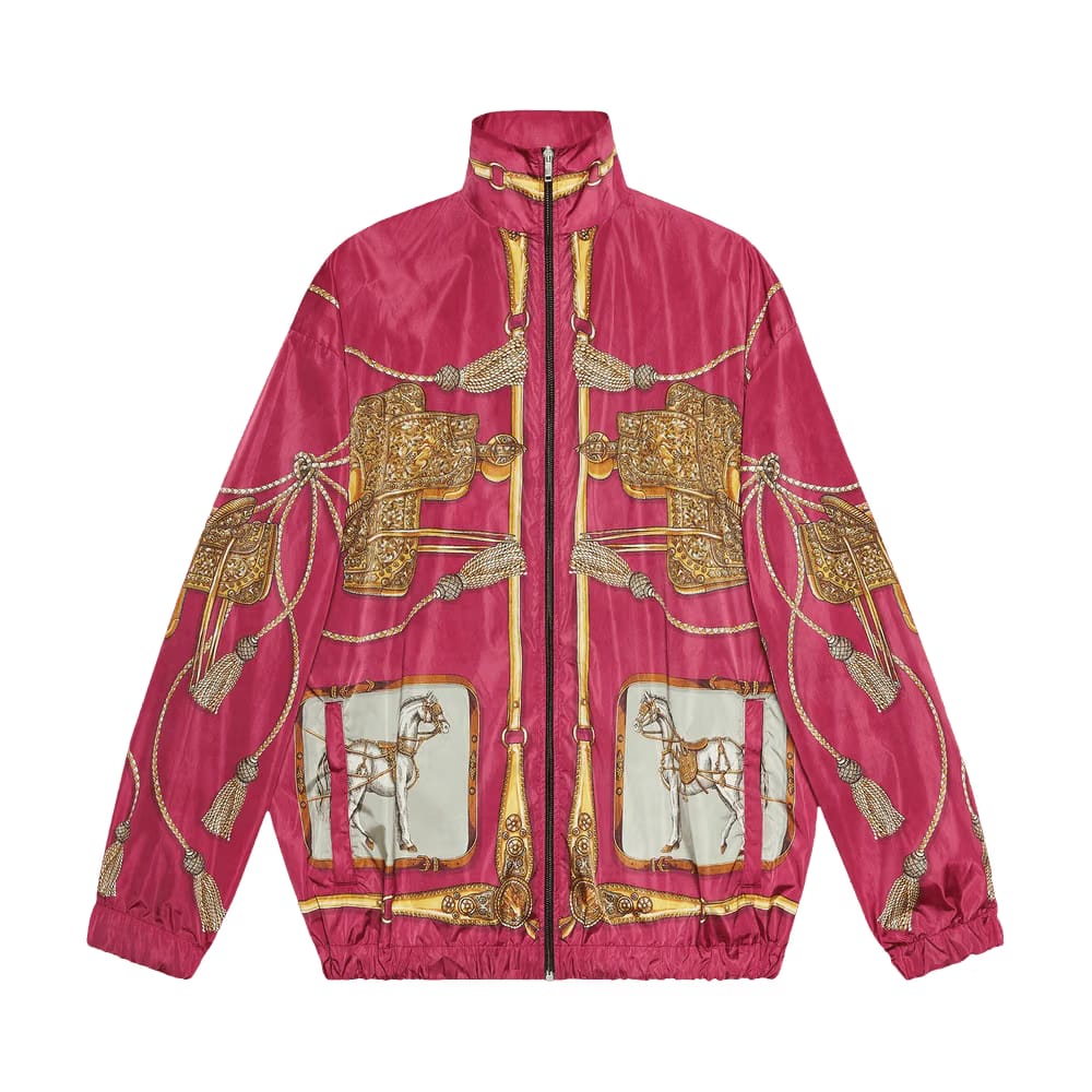 Gucci Horses and Tassels Print Oversize Nylon Bomber Jacket Magenta