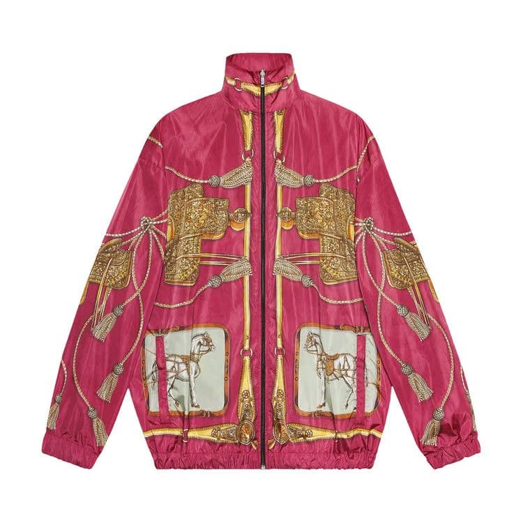 Gucci Horses and Tassels Print Oversize Nylon Bomber Jacket Magenta