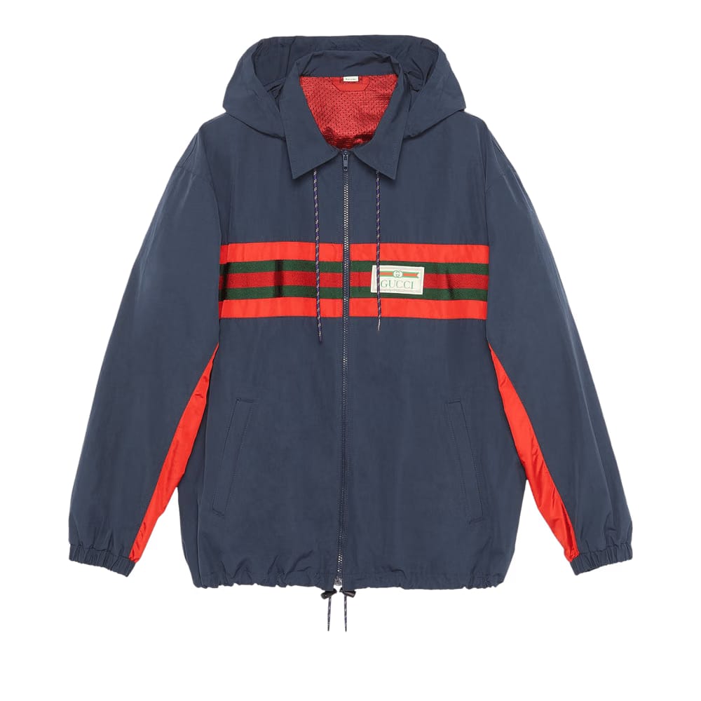Gucci Nylon Jacket With Web and Gucci Label Blue