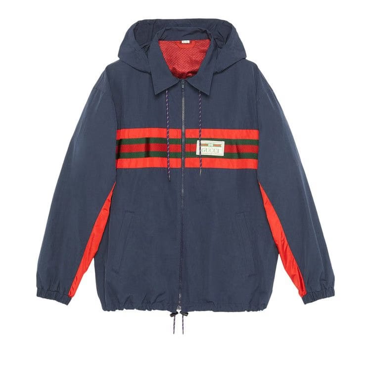 Gucci Nylon Jacket With Web and Gucci Label Blue