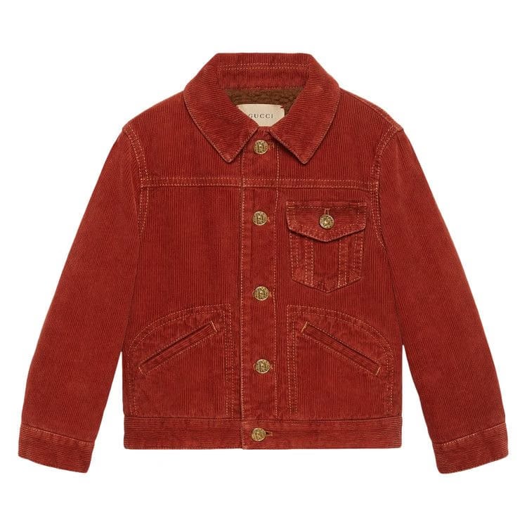 Gucci Kids Embroidered Corduroy Trucker Jacket Red