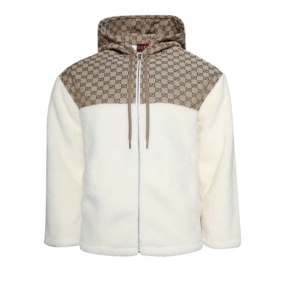 Gucci Intarsia Wool Fleece Zip Jacket White/Camel