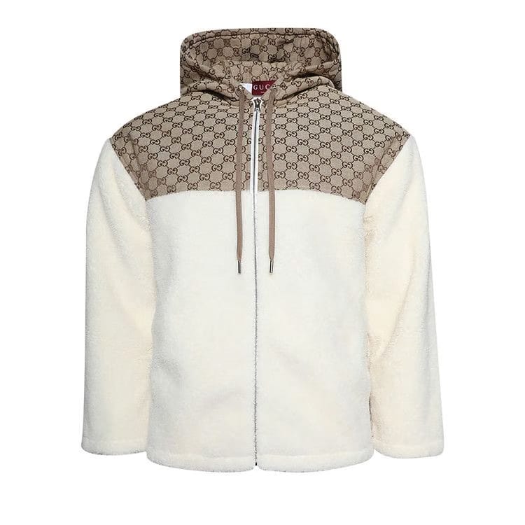Gucci Intarsia Wool Fleece Zip Jacket White/Camel