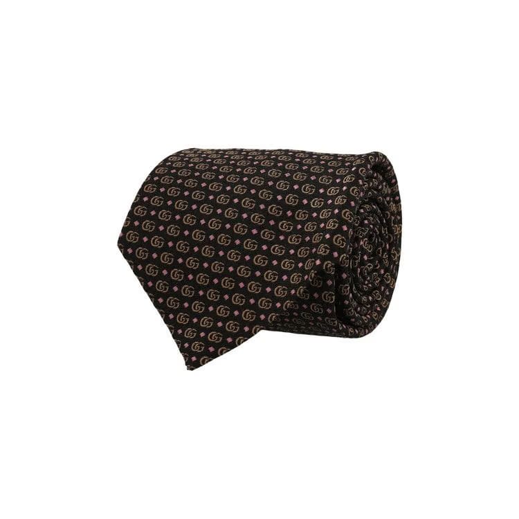 Gucci Double G Silk Jacquard Tie Dark Brown Pink
