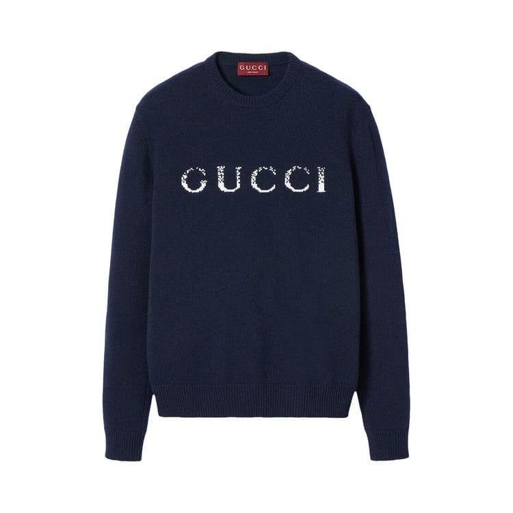 Gucci Logo Intarsia Crewneck Knit Sweater Ink/White