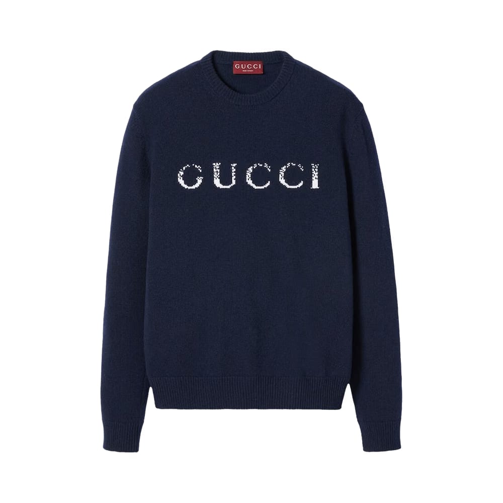 Gucci Logo Intarsia Crewneck Knit Sweater Ink/White