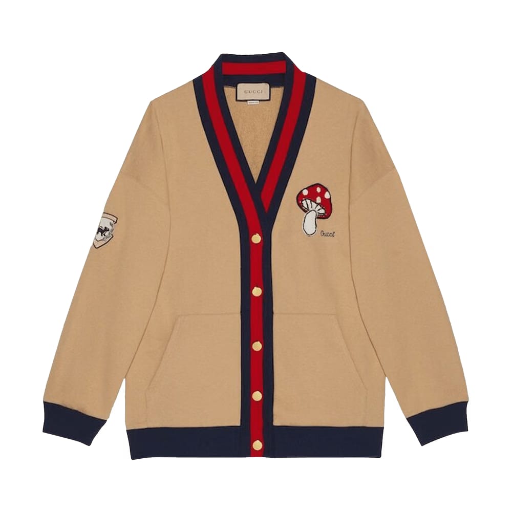 Gucci Embroidered Jersey Cardigan Camel