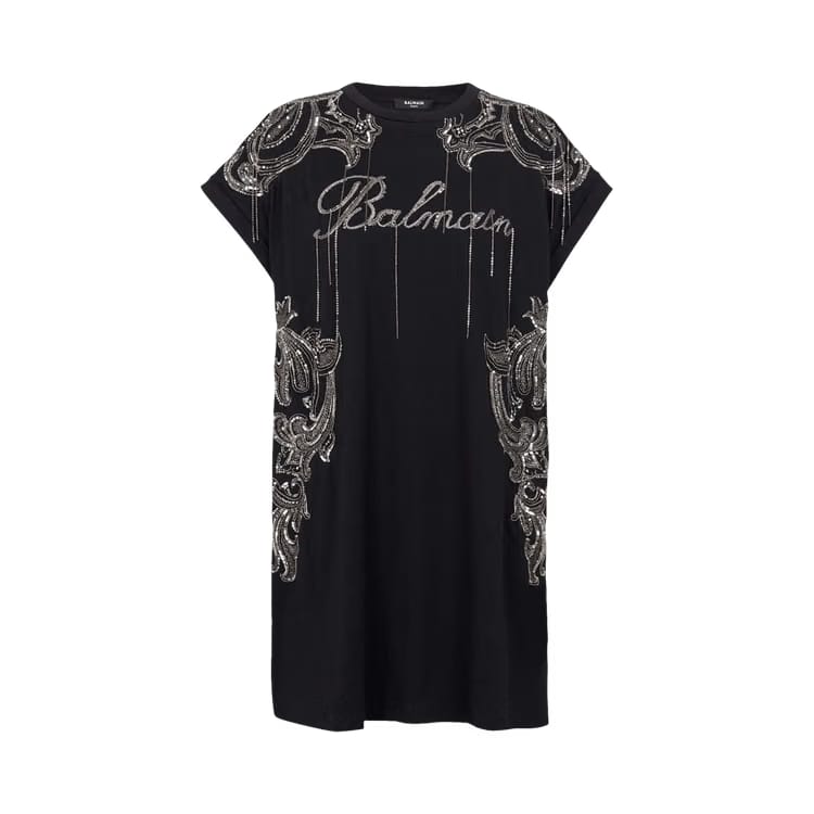 Balmain Sleeveless Embroidered Paisley Chains Shorts Dress Black/Old Silver