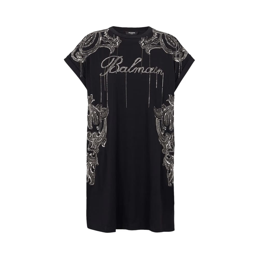 Balmain Sleeveless Embroidered Paisley Chains Shorts Dress Black/Old Silver
