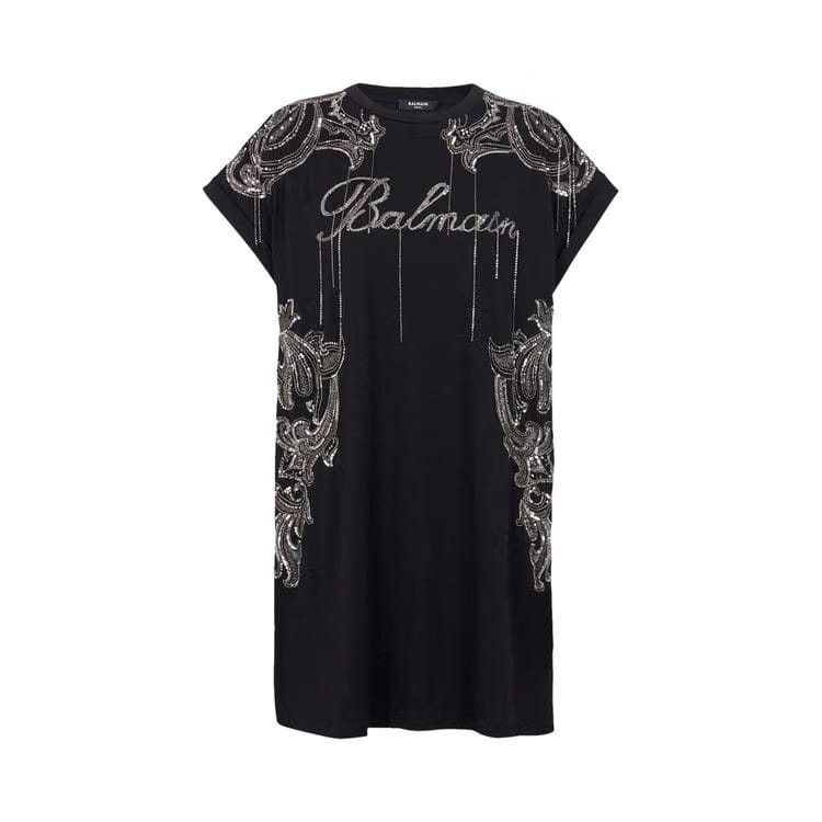 Balmain Sleeveless Embroidered Paisley Chains Shorts Dress Black/Old Silver