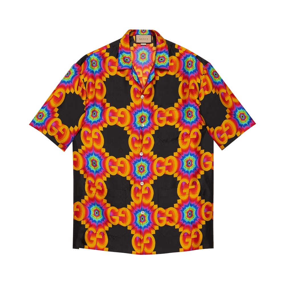 Gucci GG Kaleidoscope Silk Bowling Shirt Black/Orange