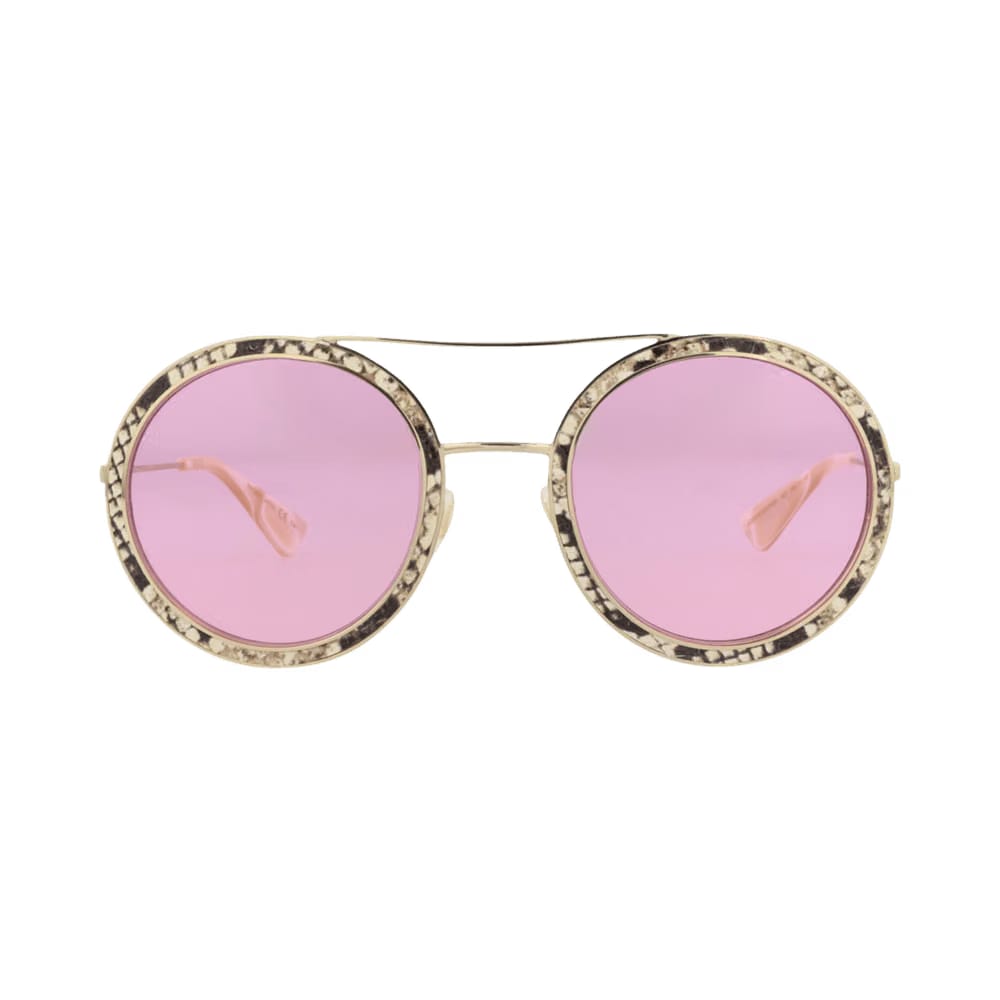 Gucci Round Frame Leather Sunglasses Ivory/Gold/Pink