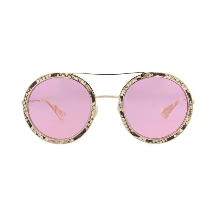 Gucci Round Frame Leather Sunglasses Ivory/Gold/Pink