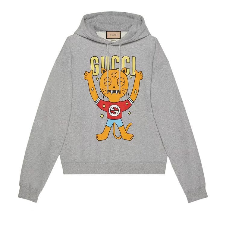 Gucci Cat Print Hooded Cotton Sweatshirt Grey