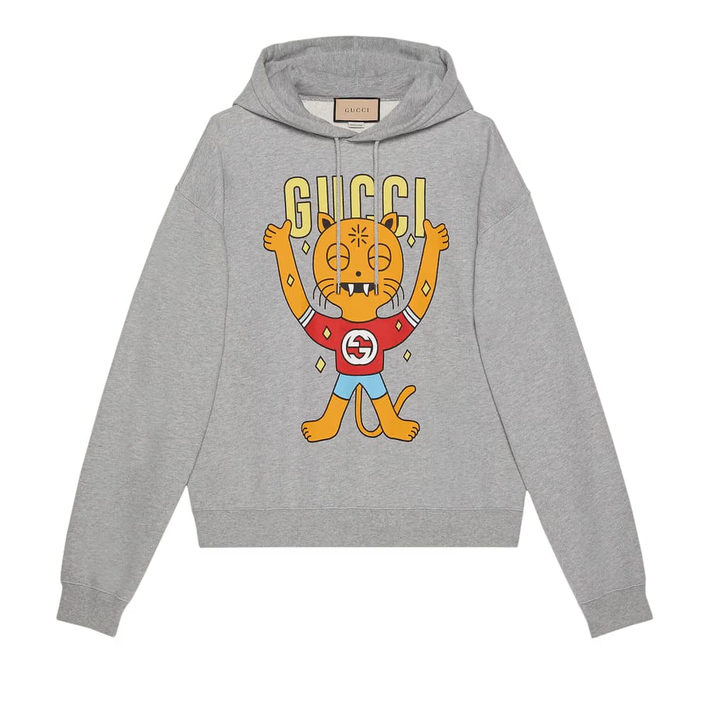 Gucci Cat Print Hooded Cotton Sweatshirt Grey