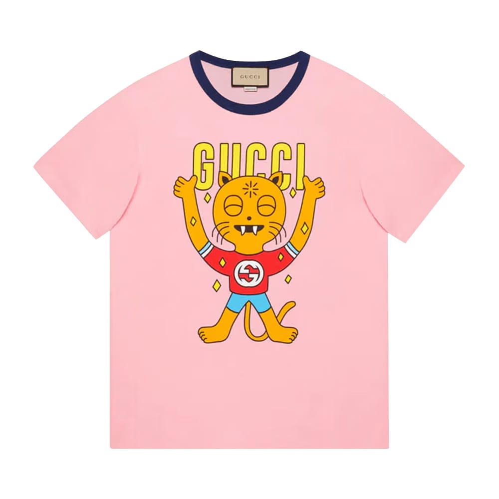 Gucci Cat Print Cotton T-Shirt Pink