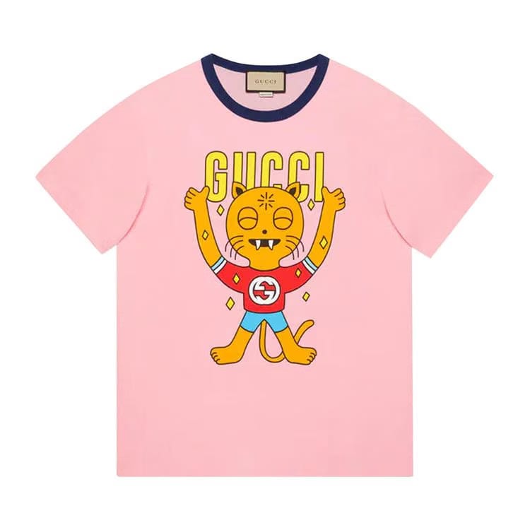 Gucci Cat Print Cotton T-Shirt Pink