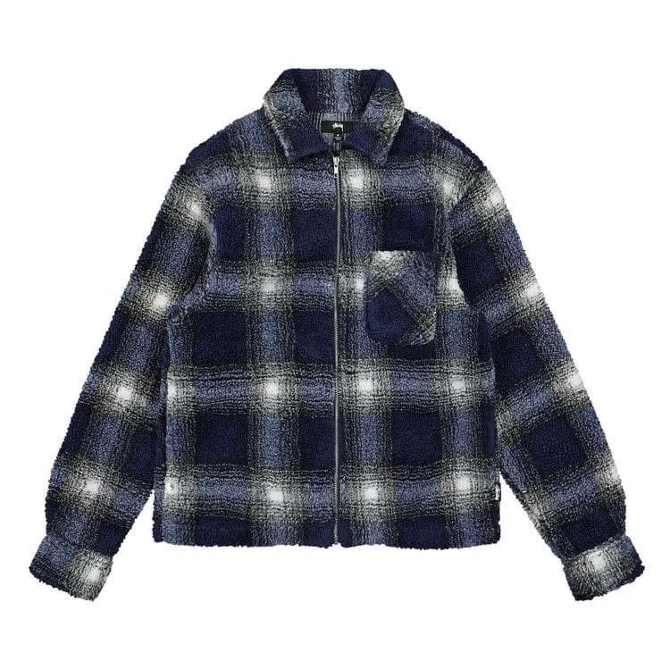 Stussy Shadow Plaid Sherpa Zip Shirt Blue