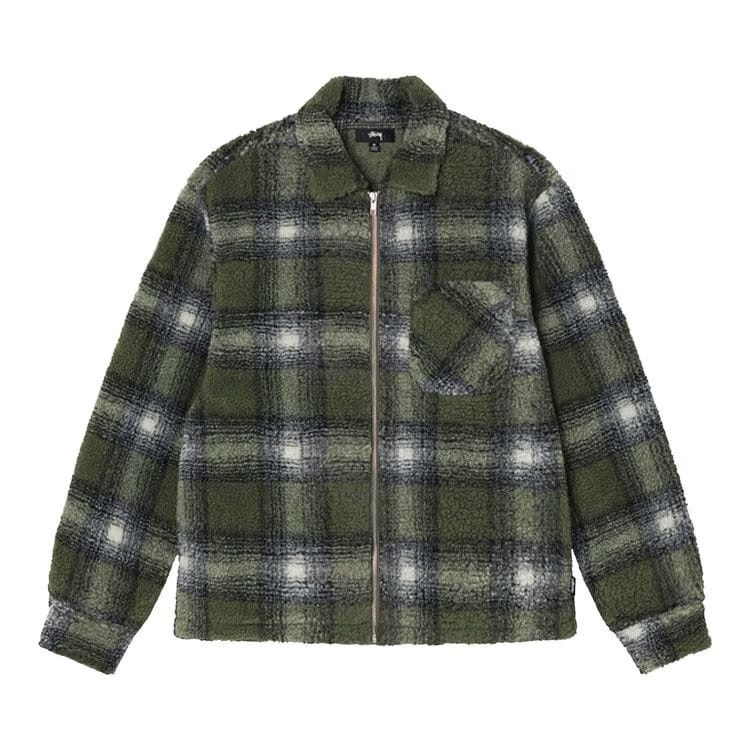 Stussy Shadow Plaid Sherpa Zip Shirt Olive
