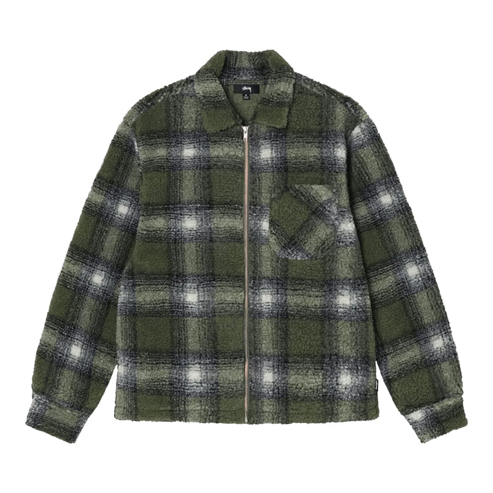 Stussy Shadow Plaid Sherpa Zip Shirt Olive