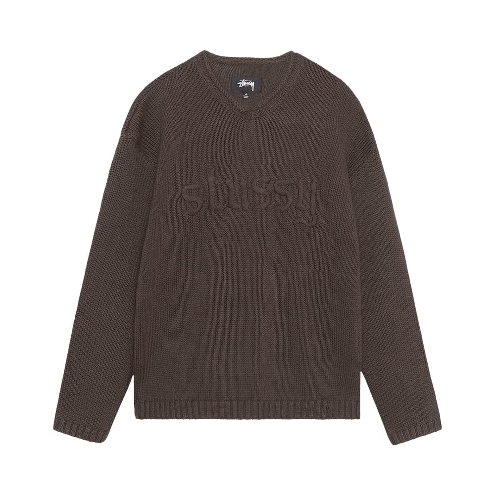 Stussy Embroidered V Neck Logo Sweater Brown