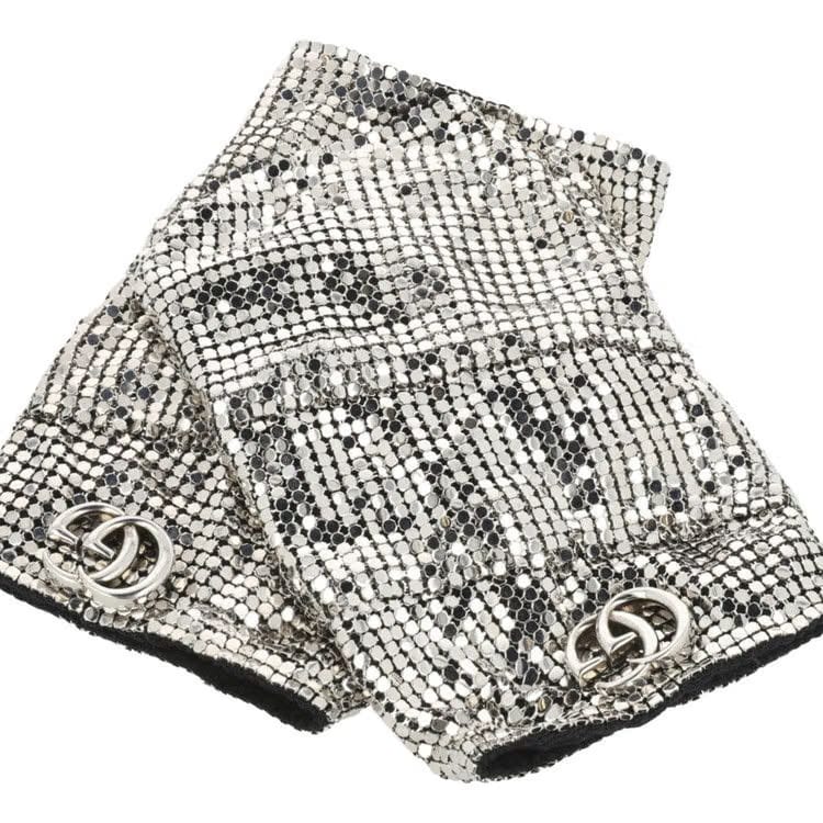 Gucci Double G Mesh Fingerless Gloves Silver