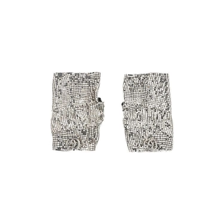 Gucci Double G Mesh Fingerless Gloves Silver